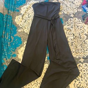 Women’s Solid Black Tie Waist Strapless Pant Jumpsuit